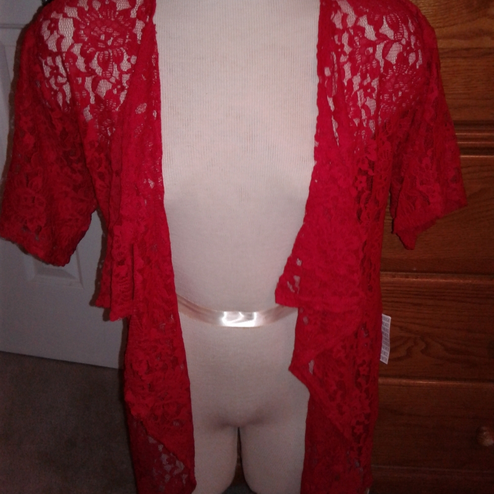 Red Lularoe Lace Monroe Top blouse shirt cover up - Picture 2 of 8